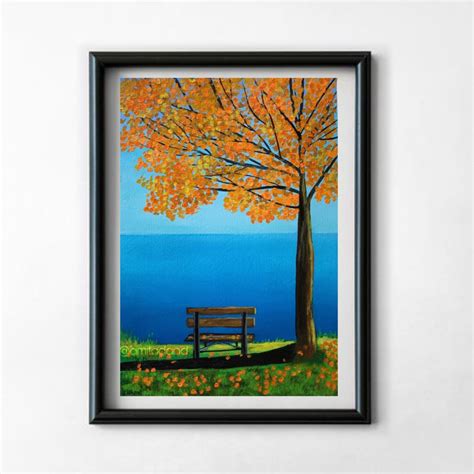 Autumn Bench ! A4 size Painting on paper Acrylic painting by Amita Dand | Artfinder