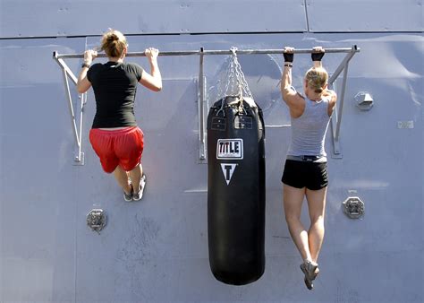 Two Strong Women Doing Pull Ups Exercise