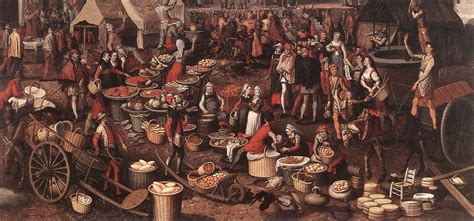 an image of a painting of people in the middle of a town with lots of food