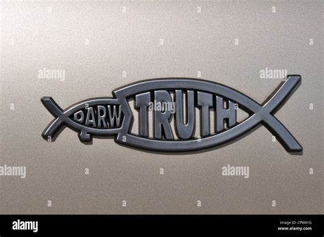 Bumper sticker: Truth fish eats Darwin fish with legs Stock Photo - Alamy