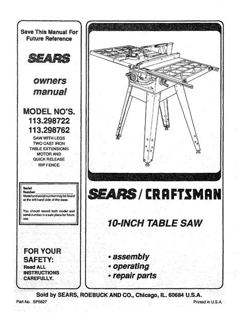 Sears Craftsman Table Saw Manual Model # 113.298762 | eBay | Table saw, Craftsman table saw ...