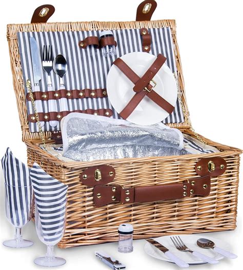 SatisInside UPGRADED INSULATED Deluxe 16Pcs Kit Wicker Picnic Basket Set For 2 People ...