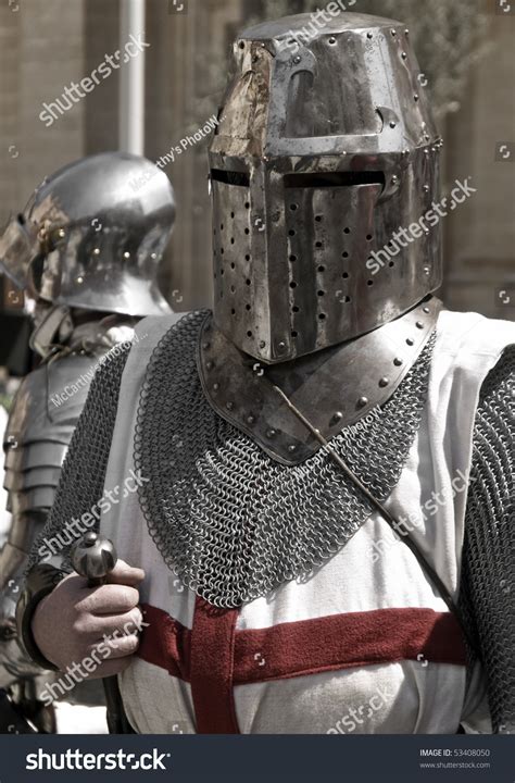 A Battle Ready Medieval Crusader In Full Armour And Helmet Stock Photo ...