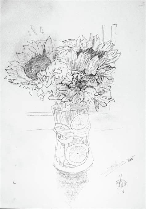 Sunflowers in vase drawing Drawing by George Desire Herman - Fine Art America