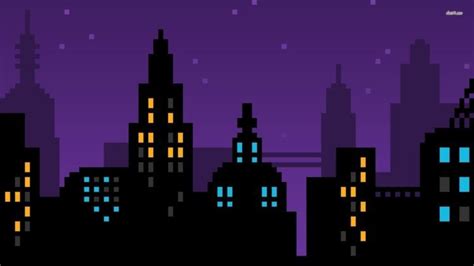 pixel art, Pixels, Purple, Skyline, Cityscape, City, Blue, Yellow ...