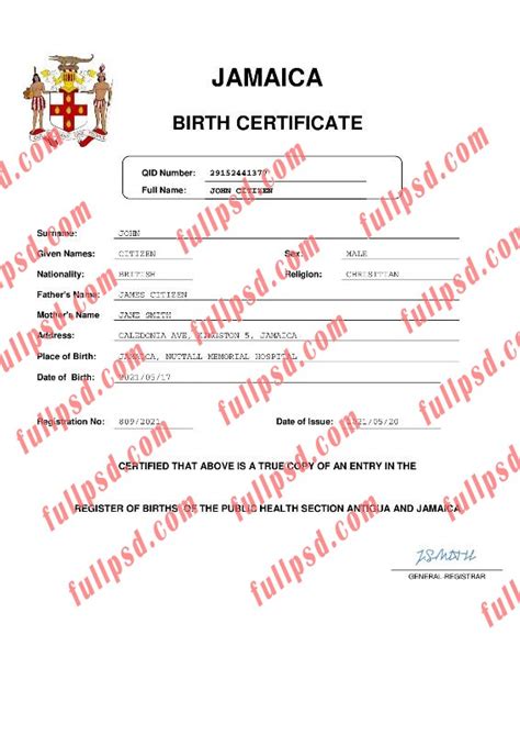 download Jamaica Birth certificate pdf and word template - FULLPSD