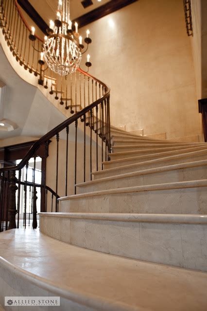 Crema Marfil marble stairs - Mediterranean - Staircase - Houston - by Allied Stone