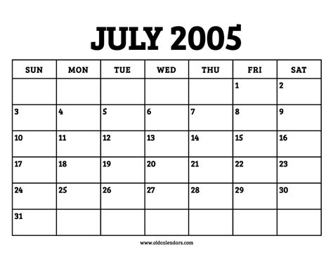 Calendar July 2005 – Printable Old Calendars