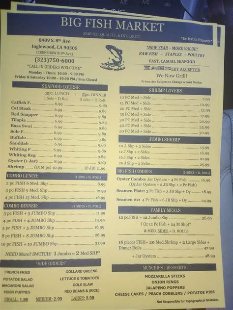 Menu at Big Fish Market restaurant, Inglewood, 8th Ave