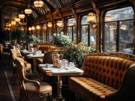 Premium Photo | Train interior of cabin with chairs sofa and tables soft and dreamy atmosphere ...