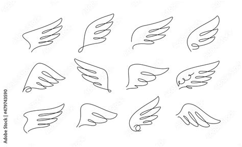 Angel wings vector set. Winged abstract emblems drawn with one thin ...