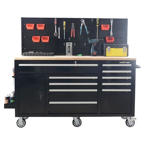 Buy Heavy-Duty 62 in. 10-Drawer Black Tool Chest Mobile Workbench Cabinet with Pegboard Back ...