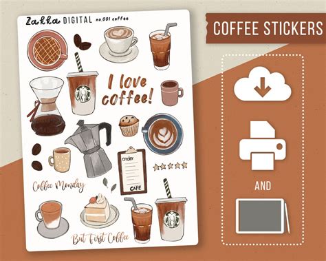 Coffee Stickers Printable Pdf Aesthetic Digital Stickers Planner Drinks Journal Sticker Coffee ...