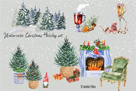 Watercolor Christmas clipart scene creat (1000168) | Illustrations ...