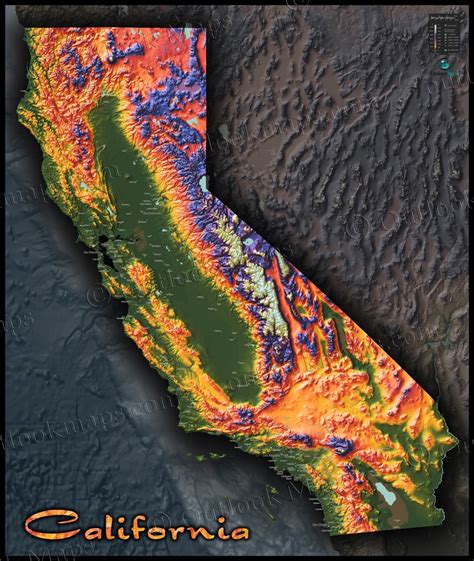 Colorful California Map | Topographical Physical Landscape - Topo Map ...