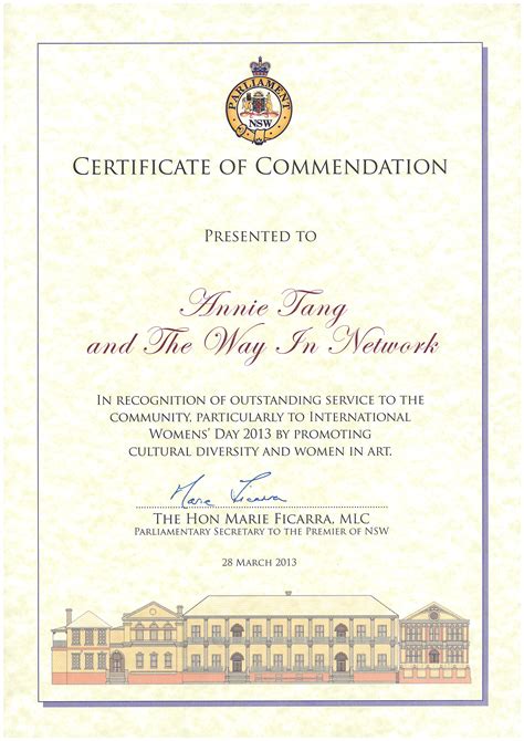 Certificate of Commendation from NSW Parliament for Recognition of Outstanding Service to the ...