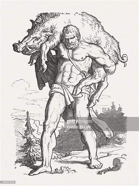 Hercules And The Erymanthian Boar Greek Mythology Published In 1880 High-Res Vector Graphic ...