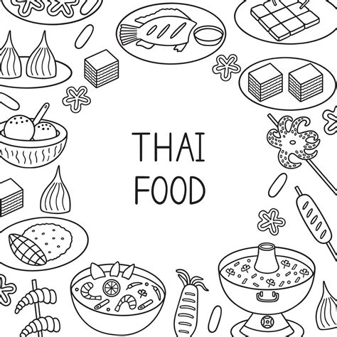 Thai food doodle set. Asian cuisine. Tom yum, fried ice cream, octopus ...