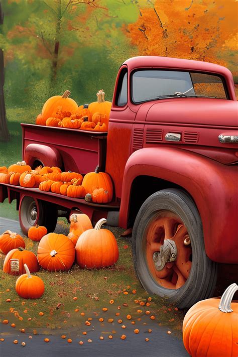 Fall Landscape with Old Red Truck and Pumpkins · Creative Fabrica