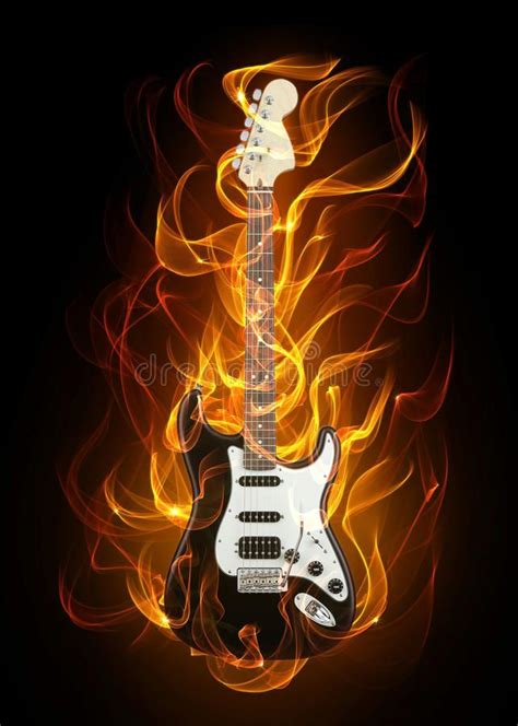 Guitar in fire. Acoustic guitar in fire and flames on black background ...