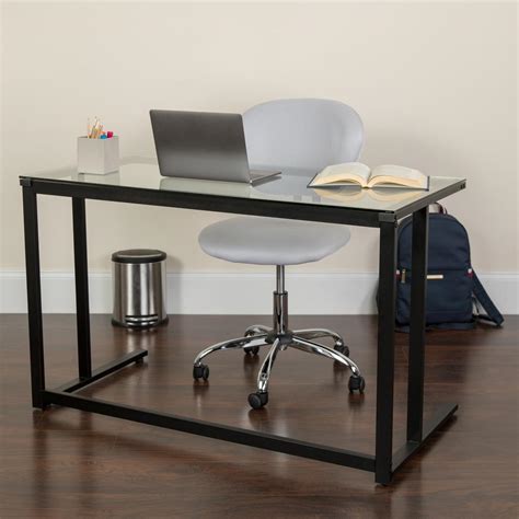 Glass Desk with Black Pedestal Metal Frame