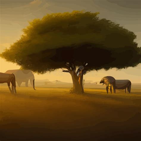 Savannah with Silhouettes Animals and Trees, Acacia and Green Grass at ...