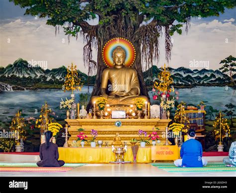 Prayer inside a Buddhist temple in Vietnam, Buddha statue worship in an ancient temple in Hoi An ...