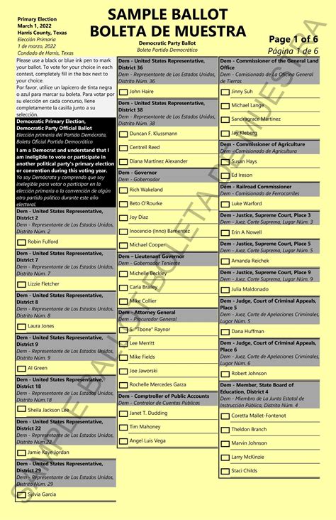 2022 Democratic Party Primary - Sample Ballot for Harris County, Texas by Aubrey R. Taylor ...