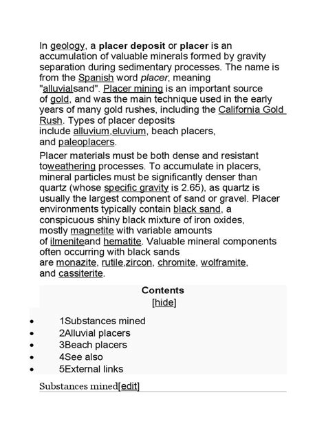 Analysis of Placer Deposits: Formation, Types, and Commercially Mined Substances | PDF ...