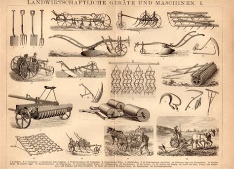 1885 Farming Tools and Machinery Antique Print, Gardening, Planting ...