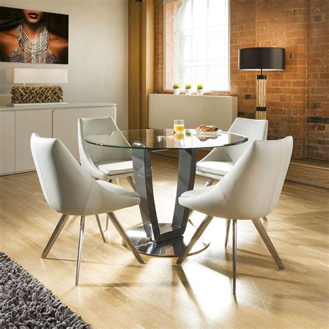 Modern Round Glass Top Dining Set Grey Table Base + 4 Ice Grey Chairs ...