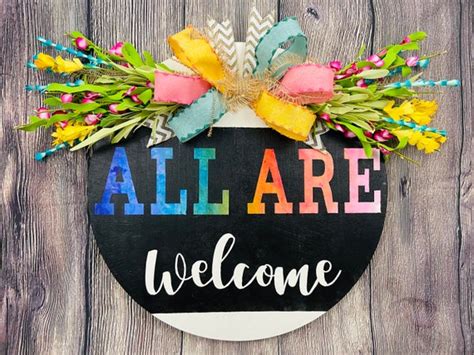 All Are Welcome Round Wooden Front Door Sign Hanging | Etsy