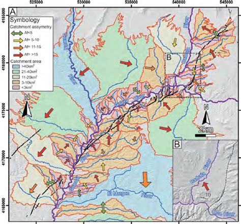 A) digital elevation model (dem) with the extracted catchments in both ...