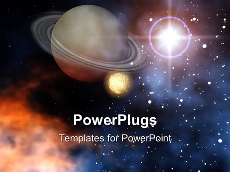 PowerPoint Template: Ringed planet Saturn with moon stars and sun outer space scene (26985)