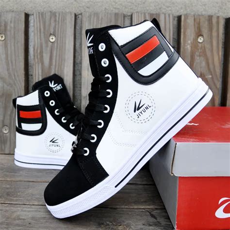 High Tops shoes For Men Casual Leather Boots Lace Up Black White Gold ...