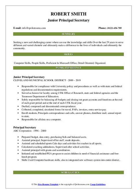 Principal Secretary Resume Samples | QwikResume