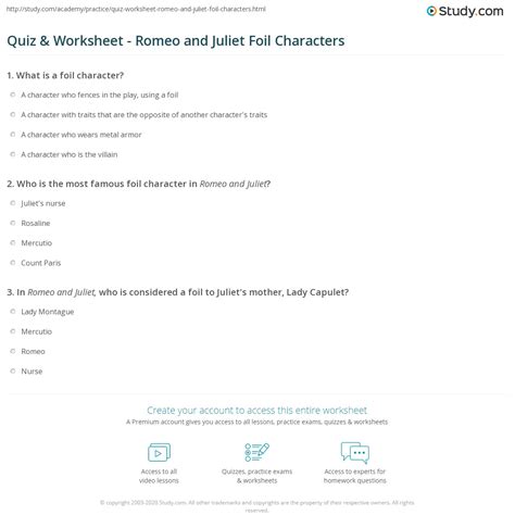 Quiz & Worksheet - Romeo and Juliet Foil Characters | Study.com