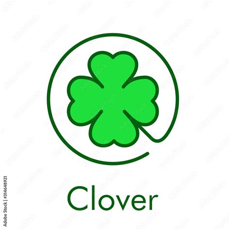 Logotipo abstracto con texto Clover con trébol lineal de 4 hojas en círculo con relleno en color ...