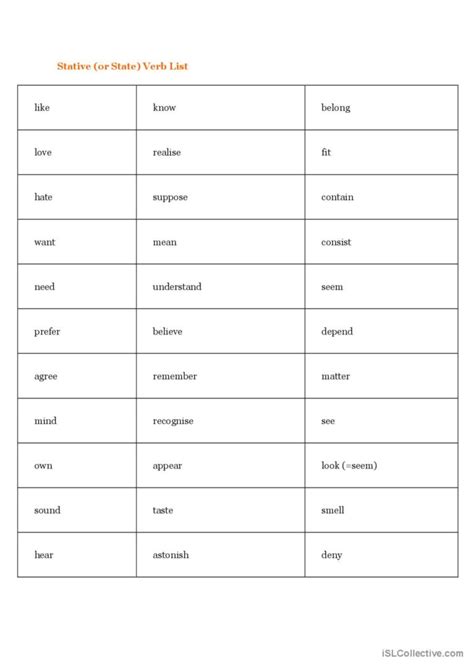 Stative Verbs list : English ESL worksheets pdf & doc