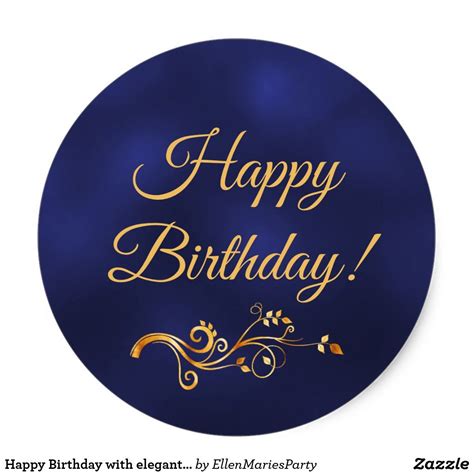 Happy Birthday with elegant blue and gold decor Classic Round Sticker ...