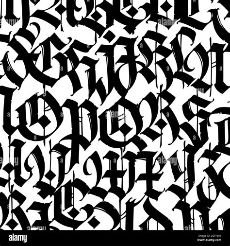 Font pattern, medieval gothic. Vector. European modern gothic. Black letters on a white ...