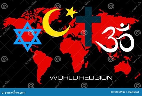 World Religions - Christianity, Islam, Hinduism and Judaism on Background World Map Stock Vector ...