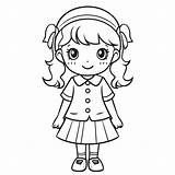 Cute Little Girl In A School Uniform Coloring Page Outline Sketch  sketch template