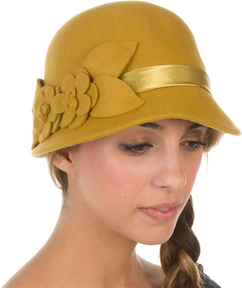 Sakkas Vivian Vintage Style 100% Wool Cloche Bell Hat with Flower Accent - Mustard/One size ...