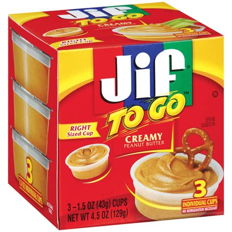 Jif Peanut Butter Creamy to Go 1.5 Oz Cups, Right Sided Cup, 3 ct, 4.5 ...