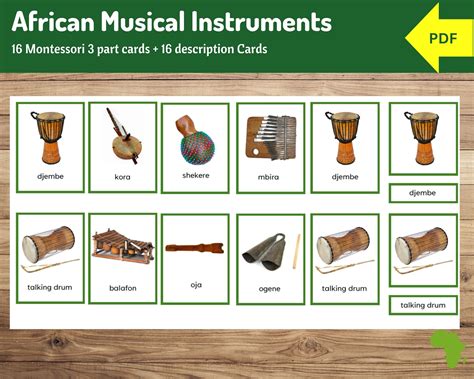 African Musical Instruments 16 Montessori Three Part Cards 16 Description Cards Continent Study ...