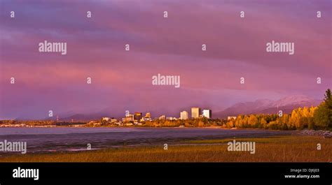 Panoramic View Of The Anchorage Skyline At Sunset Taken From The Tony Knowles Coastal Trail ...