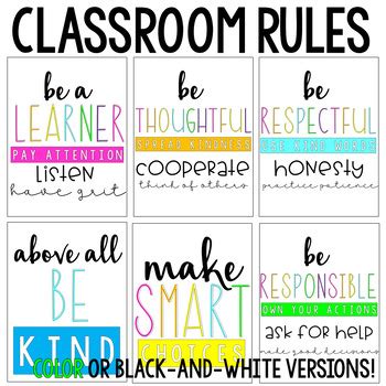 PBIS Classroom Rules Posters (Brights or Black and White) | TpT