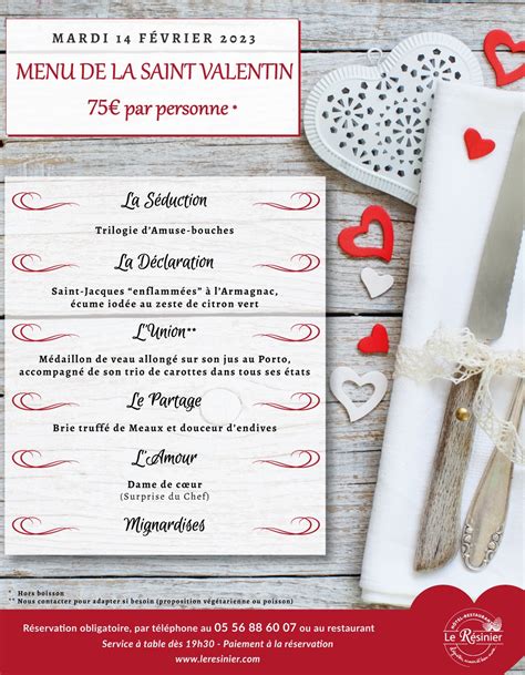 Menu de la Saint Valentin 2023 - Restaurant Hôtel Le Barp Bordeaux - Le Résinier