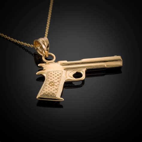 Solid Gold Pistol Gun Pendant Necklace